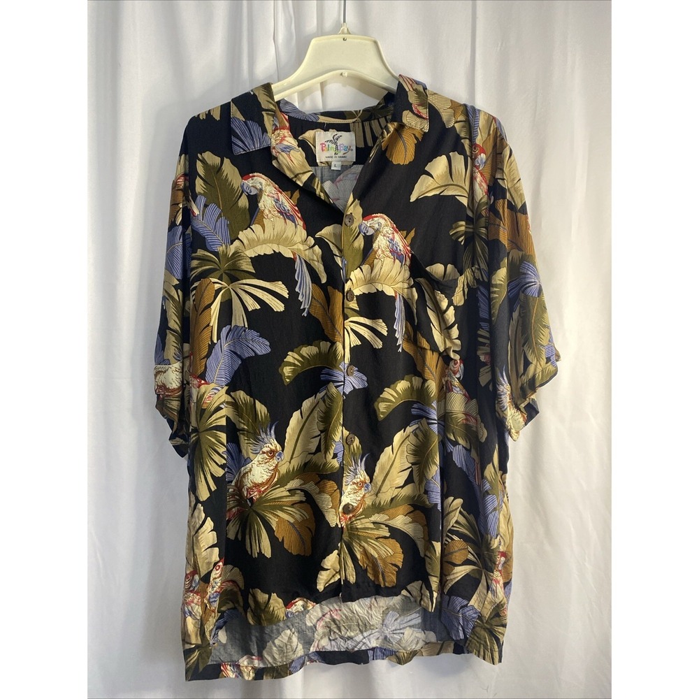 Palm Bay Hawaiian Shirt Mens L Black Parrot Palm Leaf Aloha Made‎ in Hawaii Exc